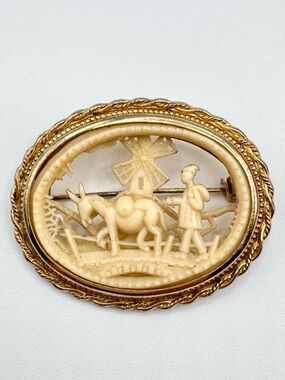 Vintage Pegasus Coro Celluloid Framed Brooch Farmer Windmill Donkey Signed Coro